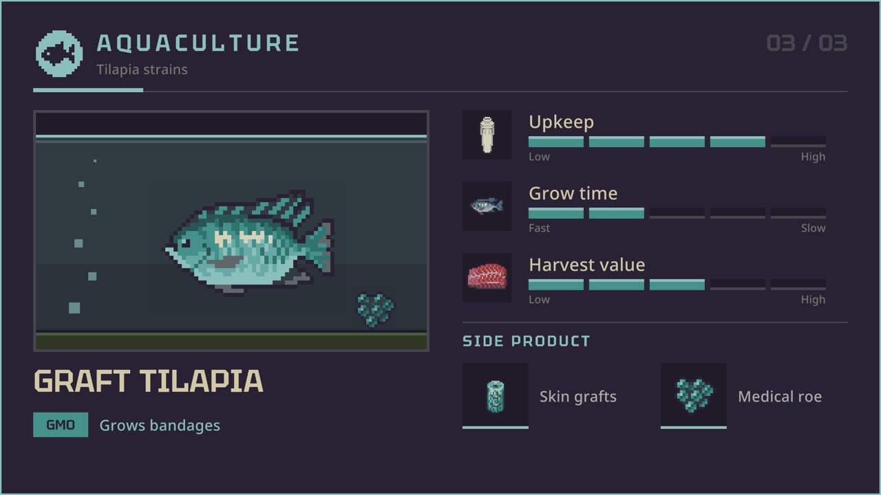 Official Aquafarmer announcement image showing a Graft Tilapia strain card with upkeep, grow time and harvest value
