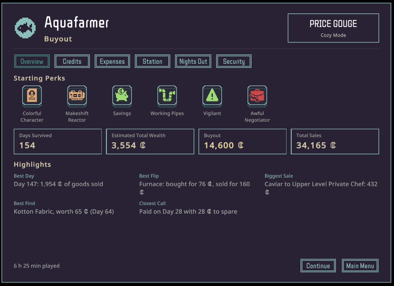 Official 1.0 preview image of the end-of-run stats screen after a shop buyout